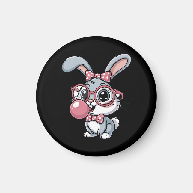 Cute Bunny with Glasses Blowing Bubble Gum Magnet (Front)