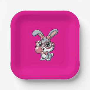 Cute Bunny with Glasses Blowing Bubble Gum Paper Plate