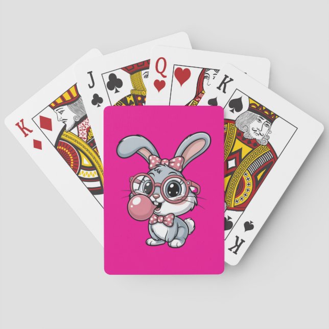 Cute Bunny with Glasses Blowing Bubble Gum Playing Cards (Back)