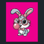 Cute Bunny with Glasses Blowing Bubble Gum Poster<br><div class="desc">A charming cartoon bunny wearing oversized round glasses,  a polka-dot bow,  and blowing a pink bubble gum bubble.</div>