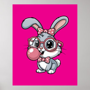 Cute Bunny with Glasses Blowing Bubble Gum Poster