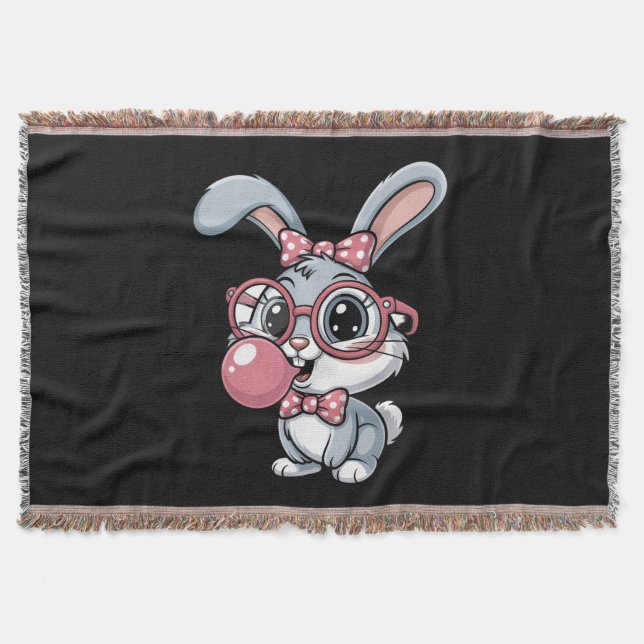 Cute Bunny with Glasses Blowing Bubble Gum Throw Blanket (Front)