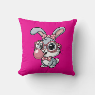 Cute Bunny with Glasses Blowing Bubble Gum Throw Pillow