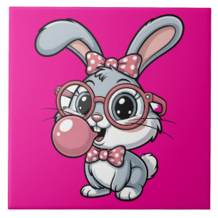 Cute Bunny with Glasses Blowing Bubble Gum Tile