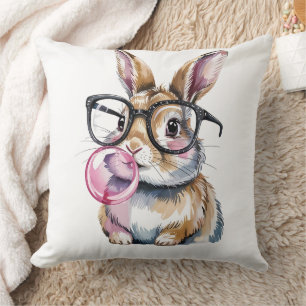 Cute Bunny with Glasses & Bubblegum Rabbit Design Throw Pillow