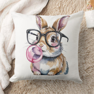 Cute Bunny with Glasses & Bubblegum Rabbit Design Throw Pillow