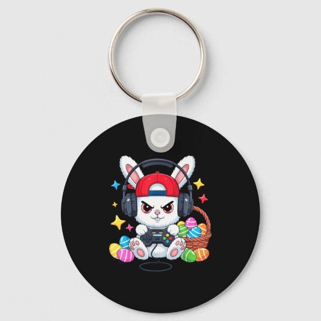 Cute bunny with headphones gaming easter  keychain (Front)