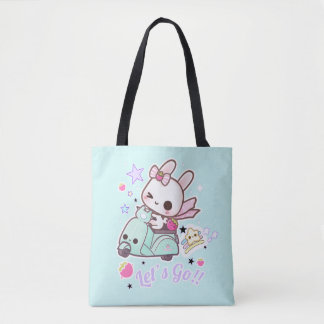 Cute bunny with kawai scooter tote bag