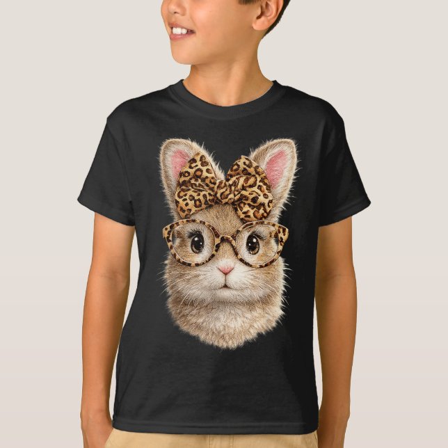 Cute Bunny with Leopard Glasses Bow Easter Rabbit T-Shirt (Front)