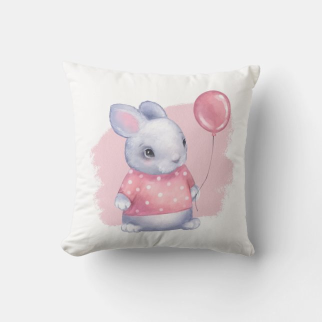 Cute Bunny with Pink Balloon Throw Pillow (Front)