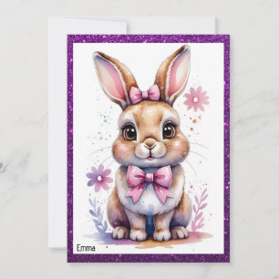 Cute bunny with pink bow birthday invitation