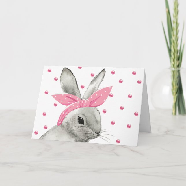 Cute Bunny with Pink Bow Card (Front)