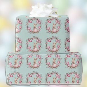 Cute Bunny with Pink Easter Eggs and Wreaths Wrapping Paper