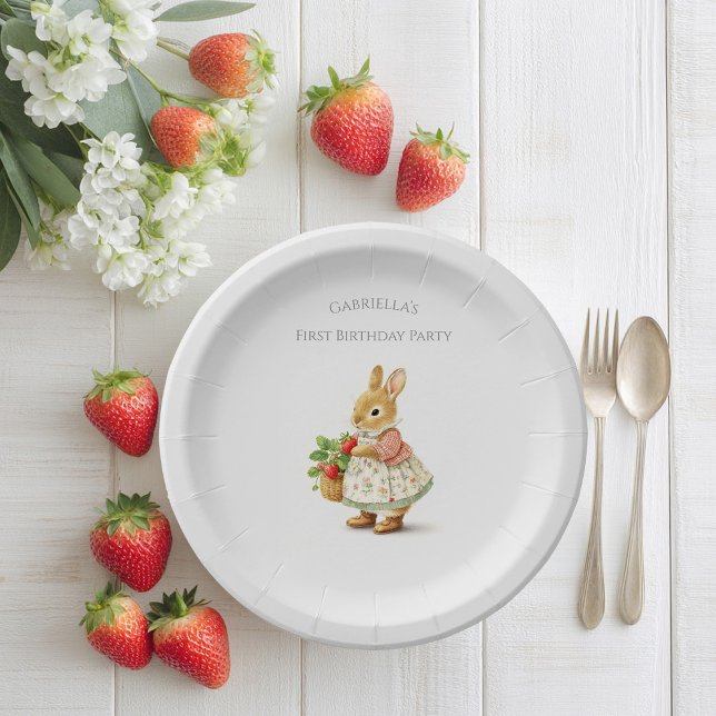 Cute Bunny with strawberries Paper Plate (Creator Uploaded)