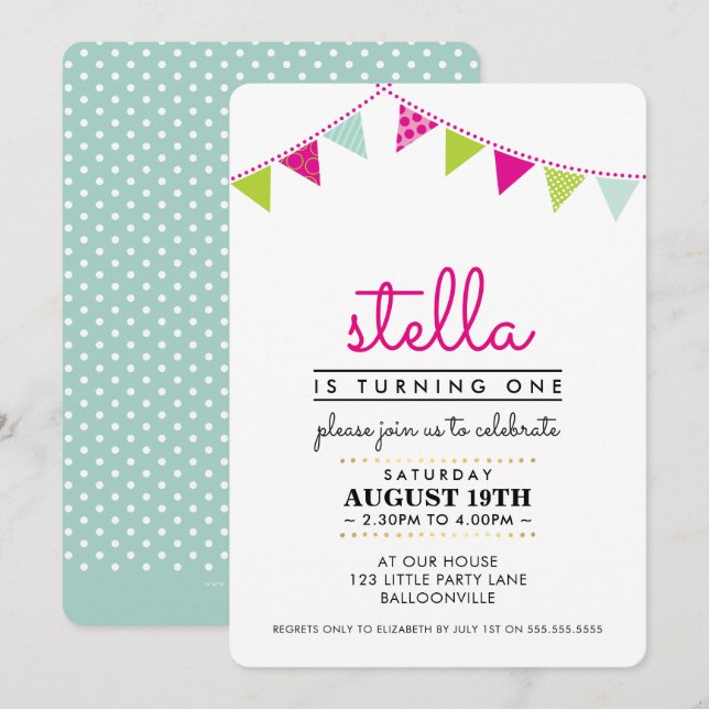CUTE BUNTING 1ST birthday party INVITE pink mint (Front/Back)