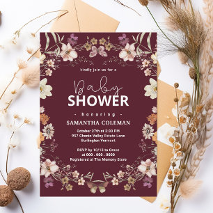 Cute Burgundy Boho Wildflower Modern Baby Shower Invitation