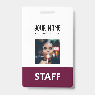 Cute Burgundy Employee Name Photo Staff Tag Badge