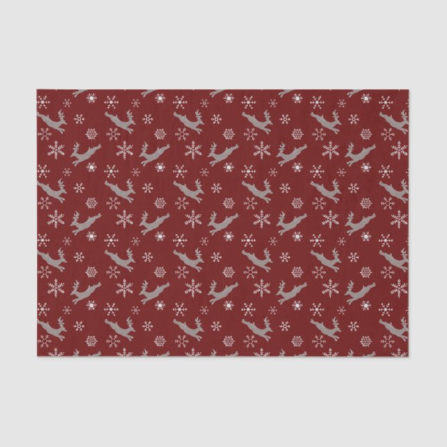 Cute Burgundy Flying Reindeer Snowflakes Christmas Tissue Paper (Front)