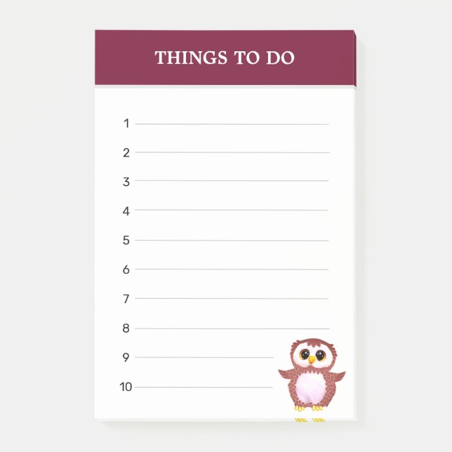 Cute Burgundy Owl & Editable Things To Do Post-it Notes (Front)