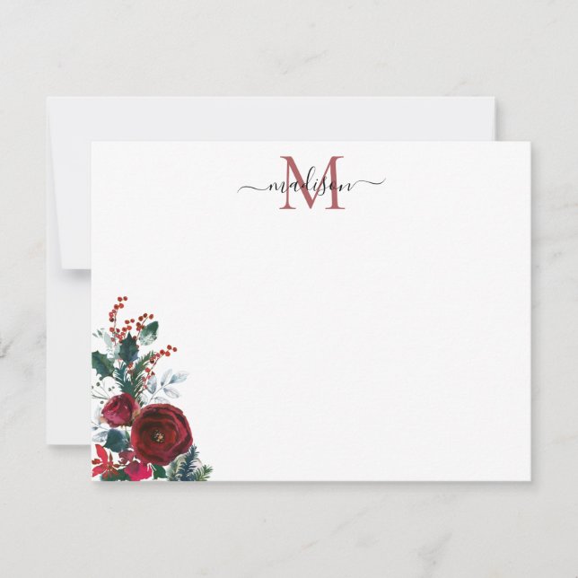 Cute Burgundy Red Rose Christmas Floral Monogram Card (Front)