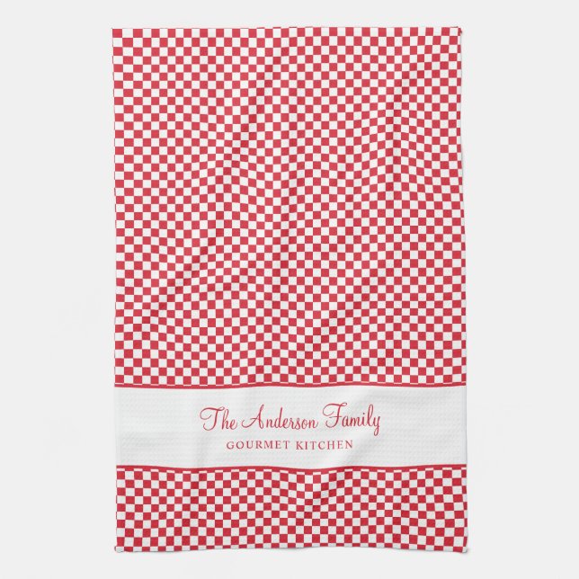 Cute Burgundy Red White French Plaid Check Gourmet Kitchen Towel (Vertical)