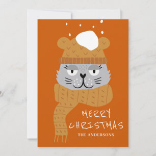 Cute Burnt Orange Christmas Cat  Holiday Card