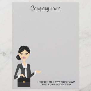 Cute Business Woman Illustration With Black Hair Letterhead
