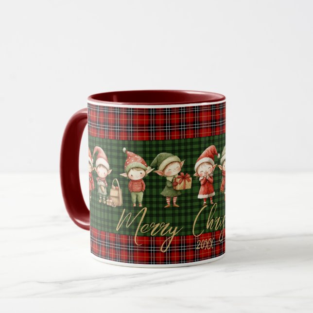 Cute Busy Elves Merry Christmas Green Red Plaids  Mug (Front Left)