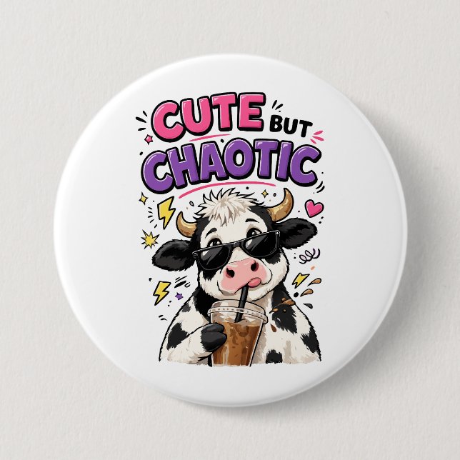 Cute but chaotic cow with iced coffee 3 inch round button (Front)