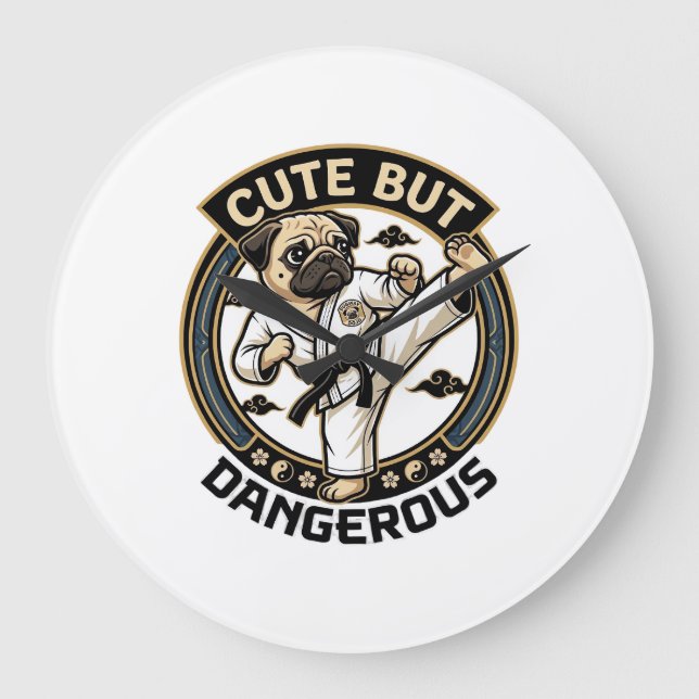 Cute But Dangerous Pug Dog Karate Kick_1 Large Clock (Front)