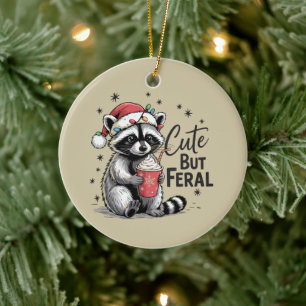 Cute But Feral Christmas Raccoon Cute Animal Xmas Ceramic Ornament