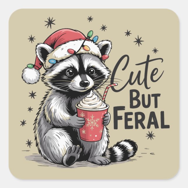 Cute But Feral Christmas Raccoon Cute Animal Xmas Square Sticker (Front)
