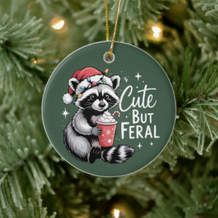 Cute But Feral Christmas Raccoon Funny Animal Ceramic Ornament
