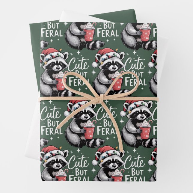 Cute But Feral Christmas Raccoon Funny Animal Wrapping Paper Sheet (In situ)