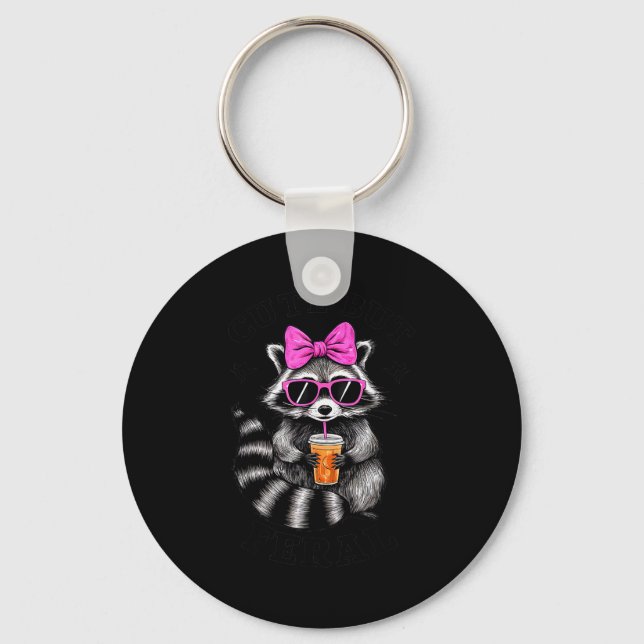 Cute But Feral Funny Colorful Racoon With Sungles  Keychain (Front)