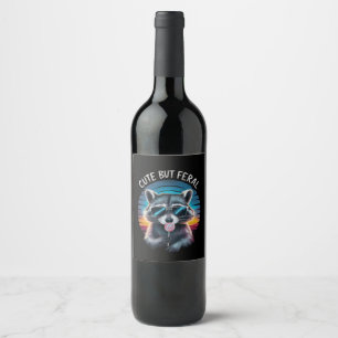 Cute But Feral Funny Raccoon Wine Label