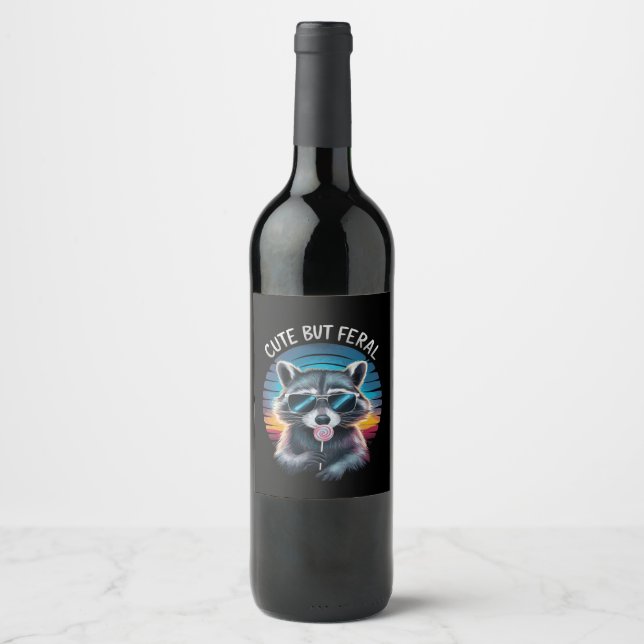 Cute But Feral Funny Raccoon Wine Label (Front)