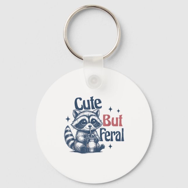 Cute But Feral Raccoon Drinking Boba Toddler Vinta Keychain (Front)