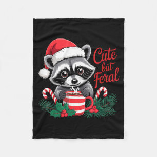 Cute But Feral Raccoon With Santa Hat Xmas Cute Ch Fleece Blanket