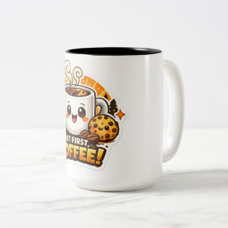 Cute "But First Coffee" Cartoon Character Two-Tone Coffee Mug