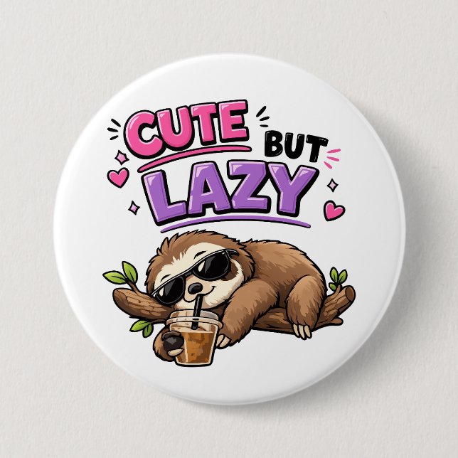 Cute but lazy sloth with iced coffee 3 inch round button (Front)