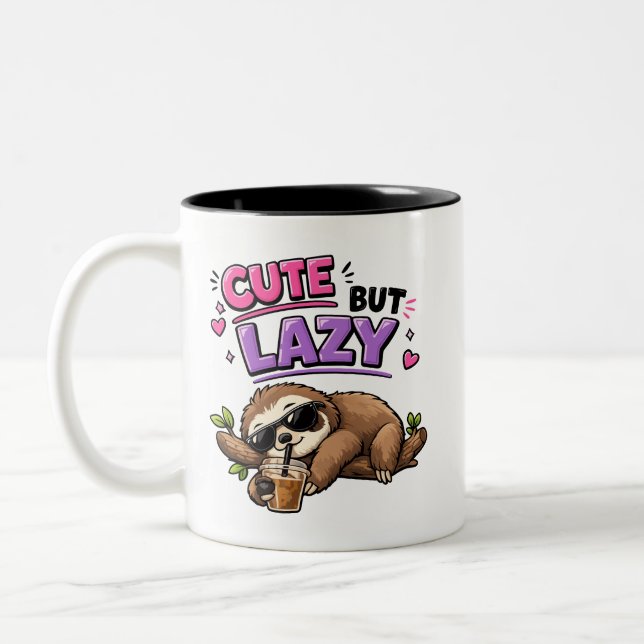 Cute but lazy sloth with iced coffee Two-Tone coffee mug (Left)
