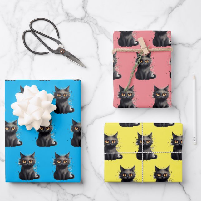 Cute But Scary Black Cat Design Wrapping Paper Sheet (Front)