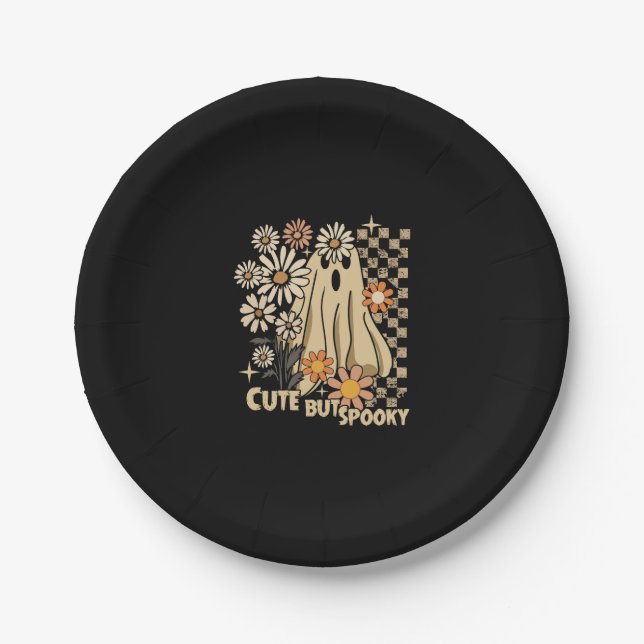 Cute but Spooky Funny Floral Halloween Ghost Check Paper Plate (Front)