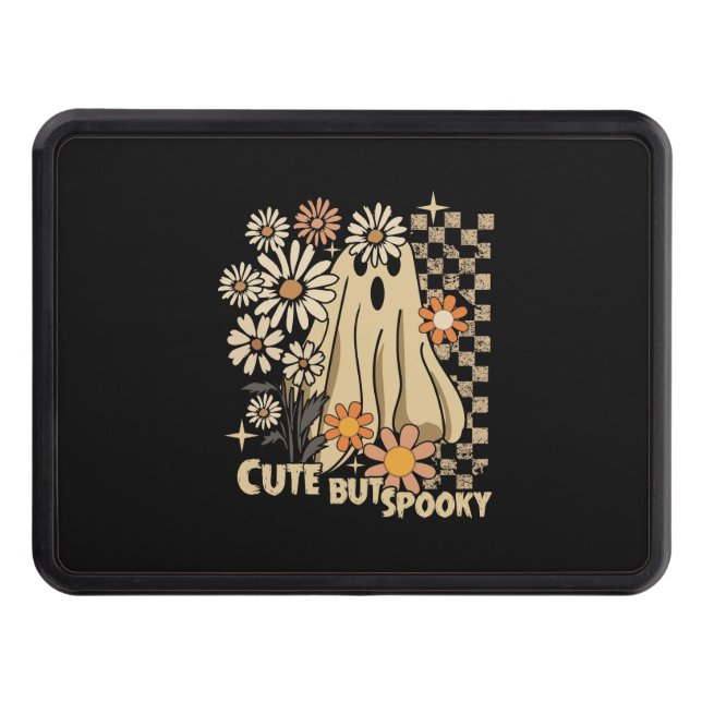 Cute but Spooky Funny Floral Halloween Ghost Check Trailer Hitch Cover (Front)