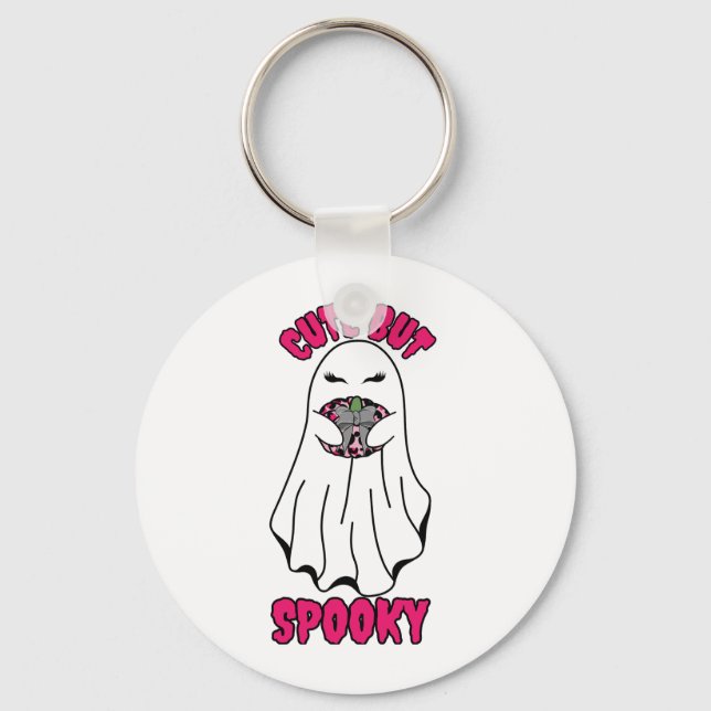 Cute but Spooky Halloween Ghost Holding a Pumpkin  Keychain (Front)