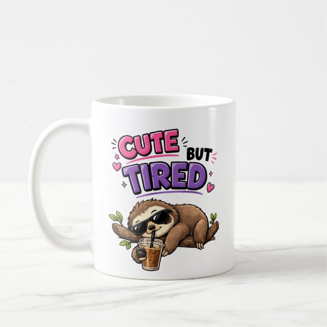 Cute but tired sloth with iced coffee mug (Left)