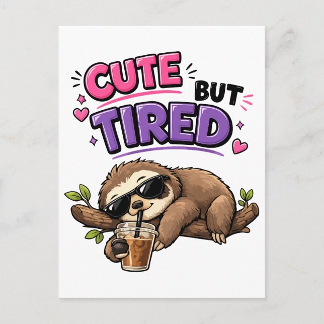 Cute but tired sloth with iced coffee postcard (Front)