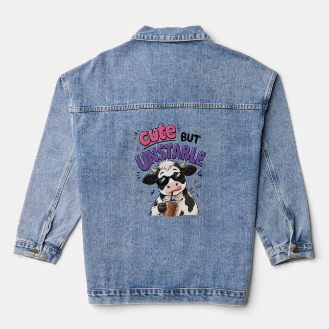 Cute but unstable cow with iced coffee denim jacket (Back)