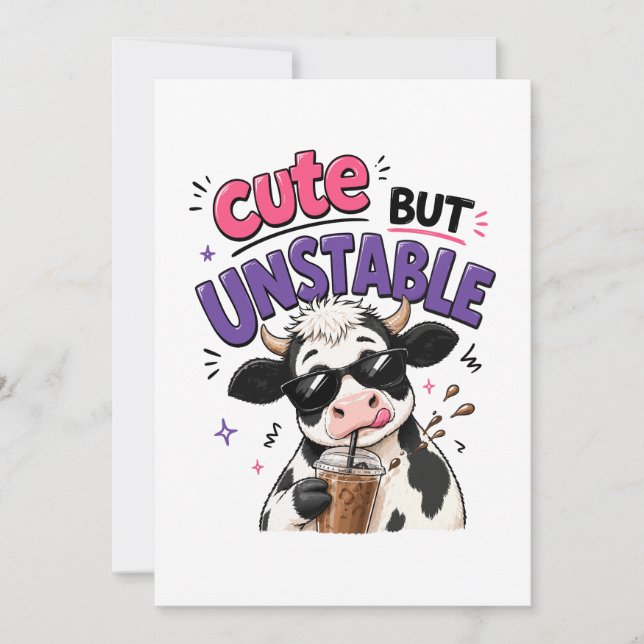 Cute but unstable cow with iced coffee invitation (Front)